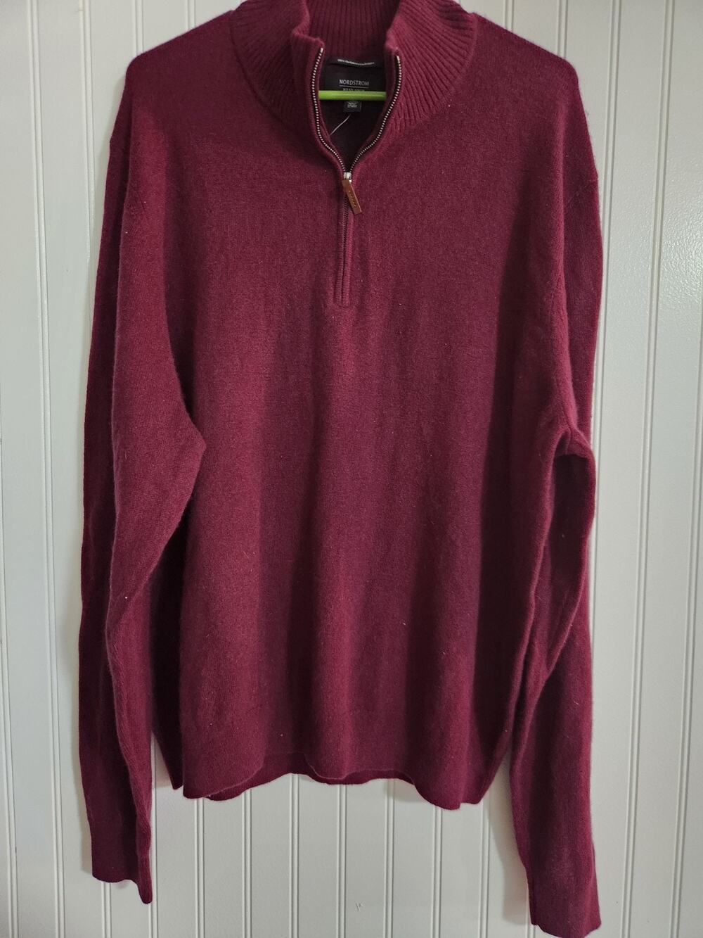 NWOT Nordstrom Mens 100% Cashmere Quarter Zip Sweater Burgundy Large Hole